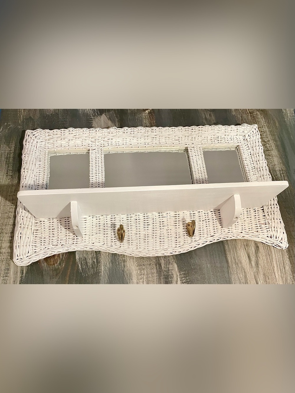 White Wicker Wall Mirror with Shelf & Hooks – Vintage Coastal Cottage Décor